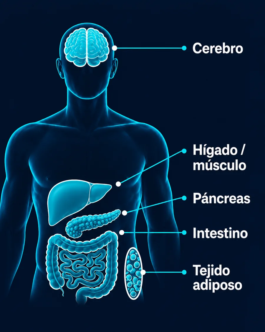 Figura del cuerpo humano que señala el cerebro, el hígado y el músculo, el páncreas, el intestino y el tejido adiposo como las partes que regulan el peso.